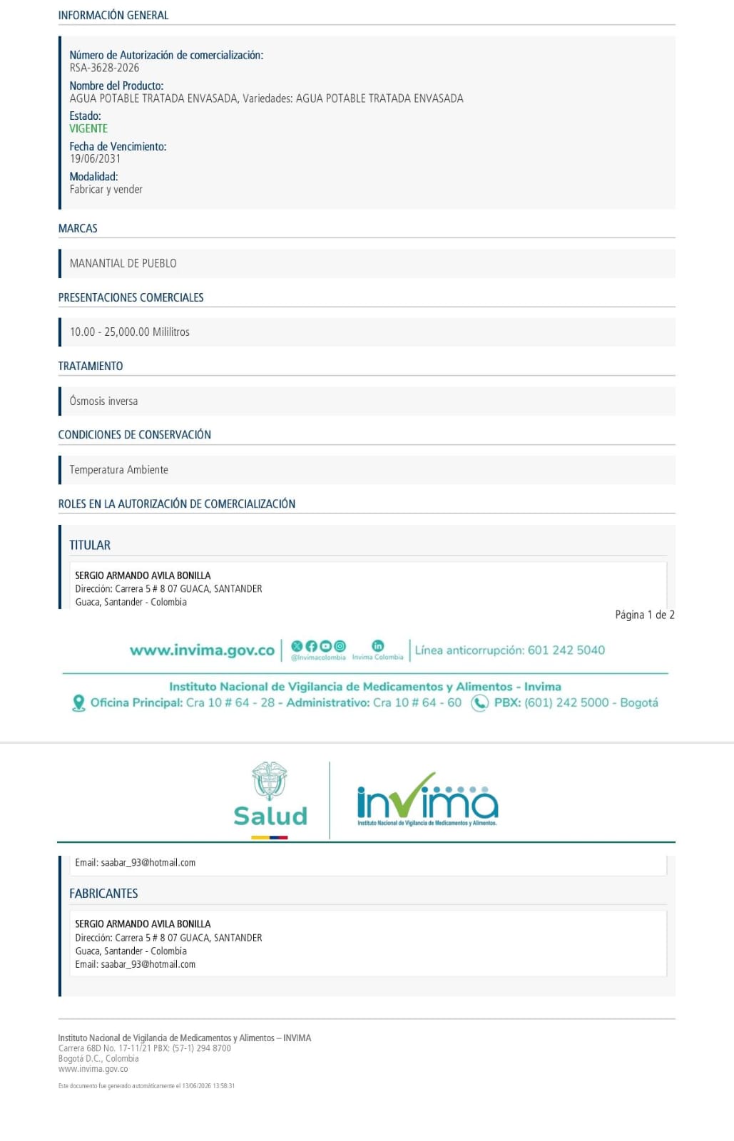 Registro sanitario INVIMA Manantial de Pueblo